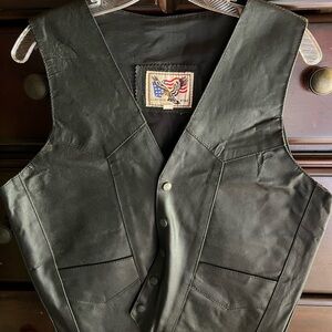 Vintage Leather Wear Black Leather Vest – Size L, Eagle Patch USA Flag